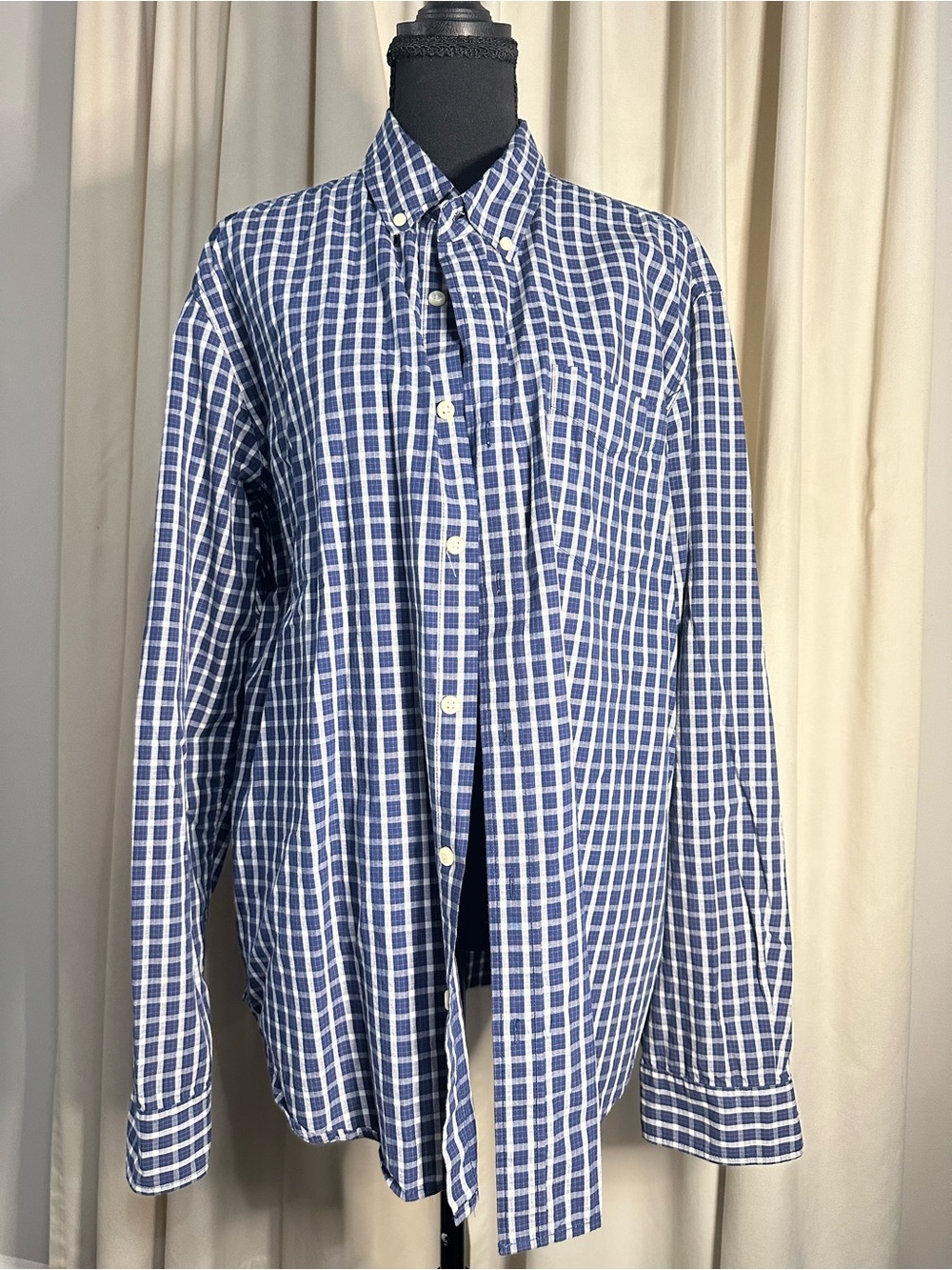 Men's Blue and White Check Button-Down Shirt - Classic Casual